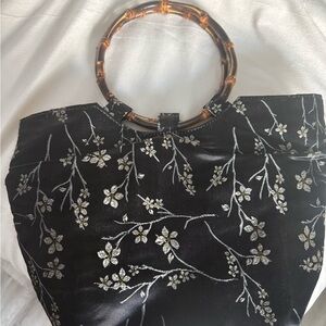 Elegant Black Floral Women's Bag with Bamboo Handle